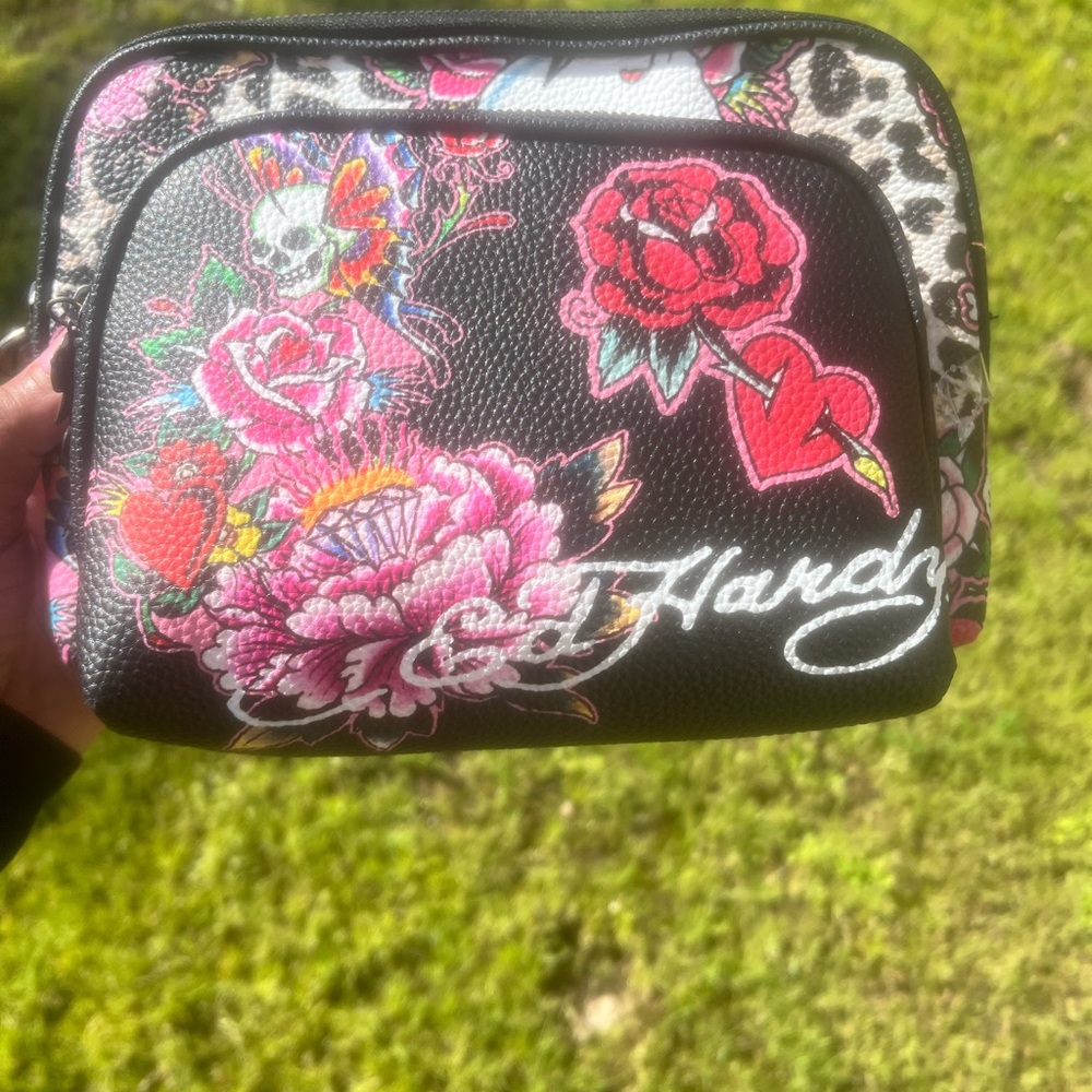 Ed Hardy Black Floral Heart Cosmetic Pouch with Pink & Red Accents